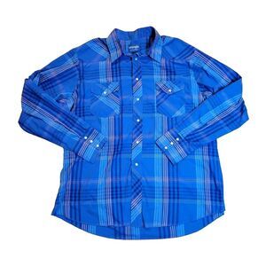 Wrangler Western Shirt Pearl Snap Mens XL Purple Plaid‎ Long Sleeve VINTAGE
